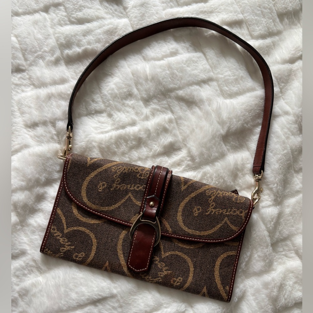 Vintage Dooney & Bourke Signature Logo Brown/Tan Hearts Small Wallet/Wristlet